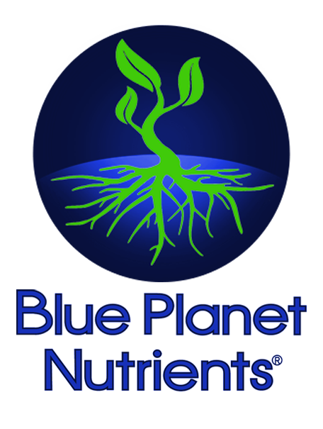 A blue planet nutrients logo with a plant in the center.