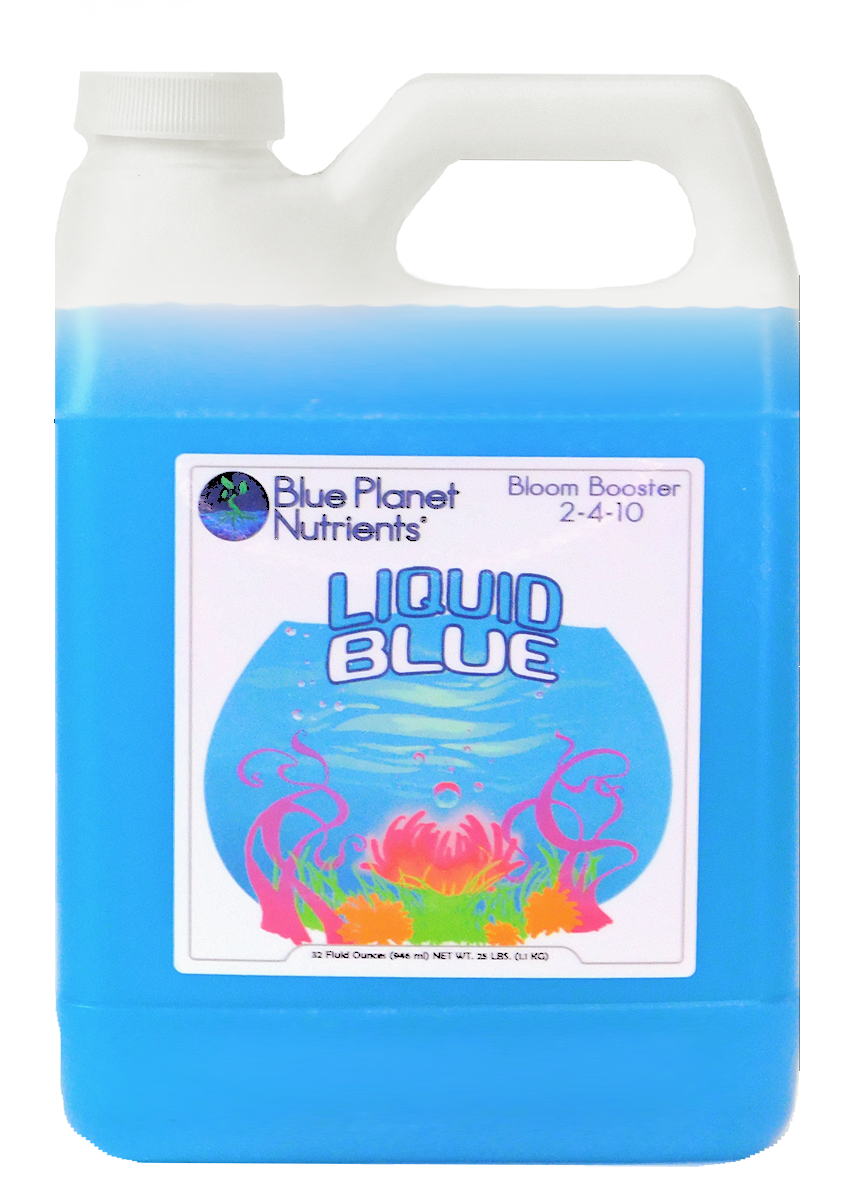 A blue liquid is shown with the label.